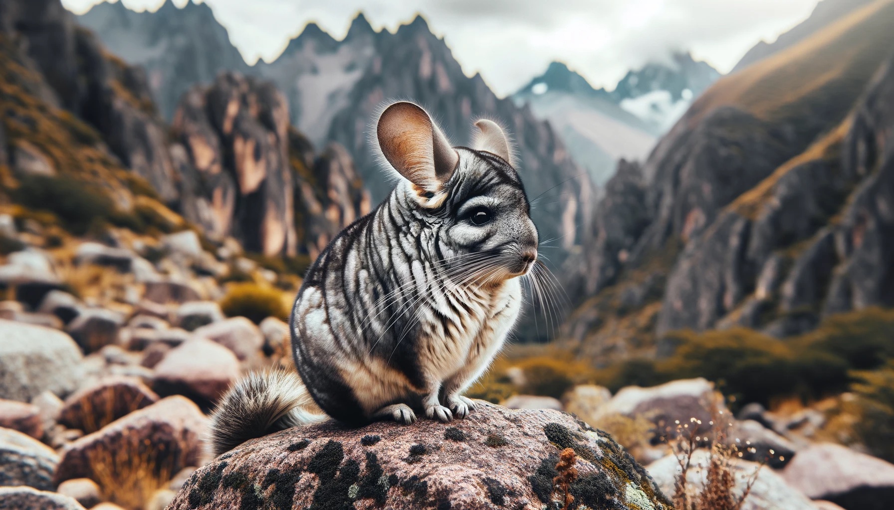Photo of a chinchilla sitting on a rock in a natural Andean mountain background
