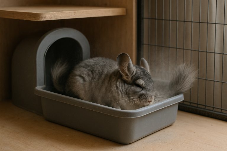 Chinchilla prenant un bain de sable dans un bac fermé, poussière en suspension, lumière naturelle.