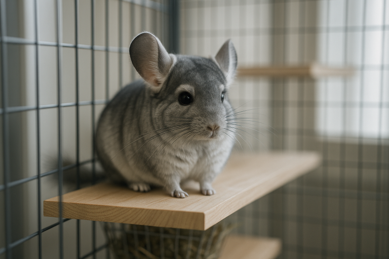 Chinchilla sur une étagère en bois dans un grand enclos multi-niveaux, lumière naturelle et arrière-plan flou.