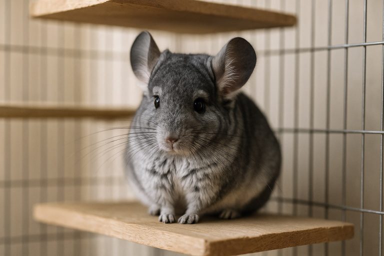 Visuel de synthèse : thermomètre, hygromètre et silhouette de chinchilla avec zones de confort 10–18 °C et HR < 40–50 %.